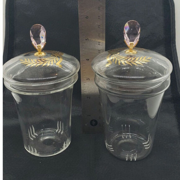 Vintage Crystal Jars Vanity Pair Gold Laurel Leaf Lid Amethyst glass Topper - Picture 10 of 10